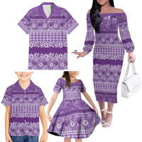 Hawaiian Hibiscus Honu Family Matching Off The Shoulder Long Sleeve Dress and Hawaiian Shirt Purple Mele Kalikimaka Palaka Spirit - Polynesian Pride