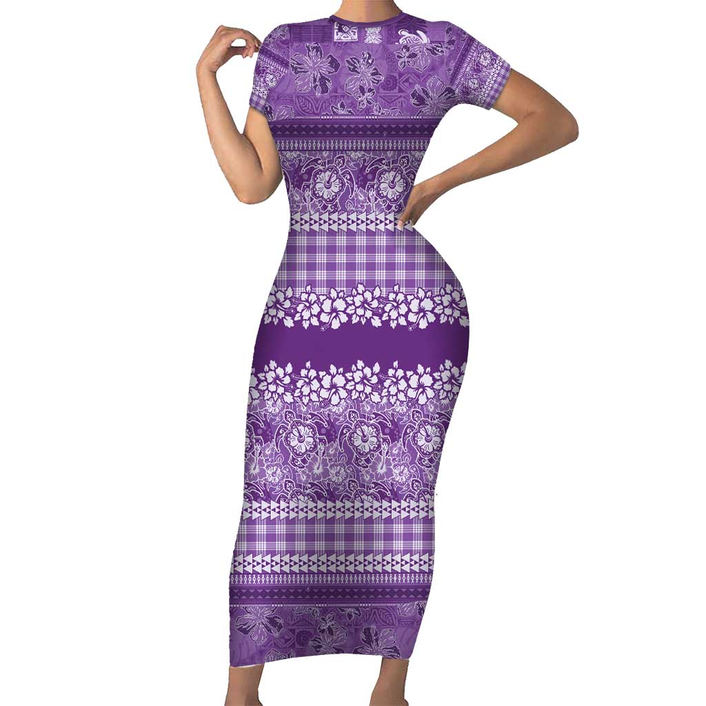 Hawaiian Hibiscus Honu Family Matching Short Sleeve Bodycon Dress and Hawaiian Shirt Purple Mele Kalikimaka Palaka Spirit - Polynesian Pride