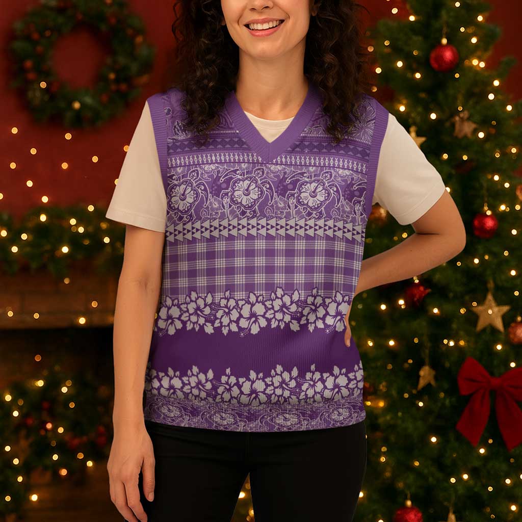 Hawaiian Hibiscus Honu Christmas Knitted V-Neck Vest Purple Mele Kalikimaka Palaka Spirit - Polynesian Pride