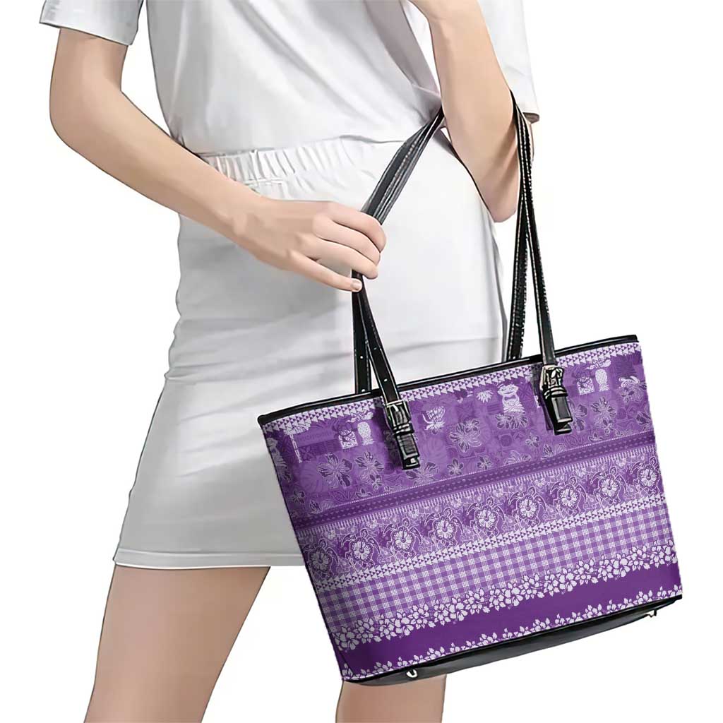 Hawaiian Hibiscus Honu Leather Tote Bag Purple Mele Kalikimaka Palaka Spirit - Polynesian Pride