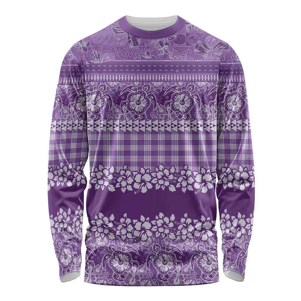 Hawaiian Hibiscus Honu Long Sleeve Shirt Purple Mele Kalikimaka Palaka Spirit - Polynesian Pride