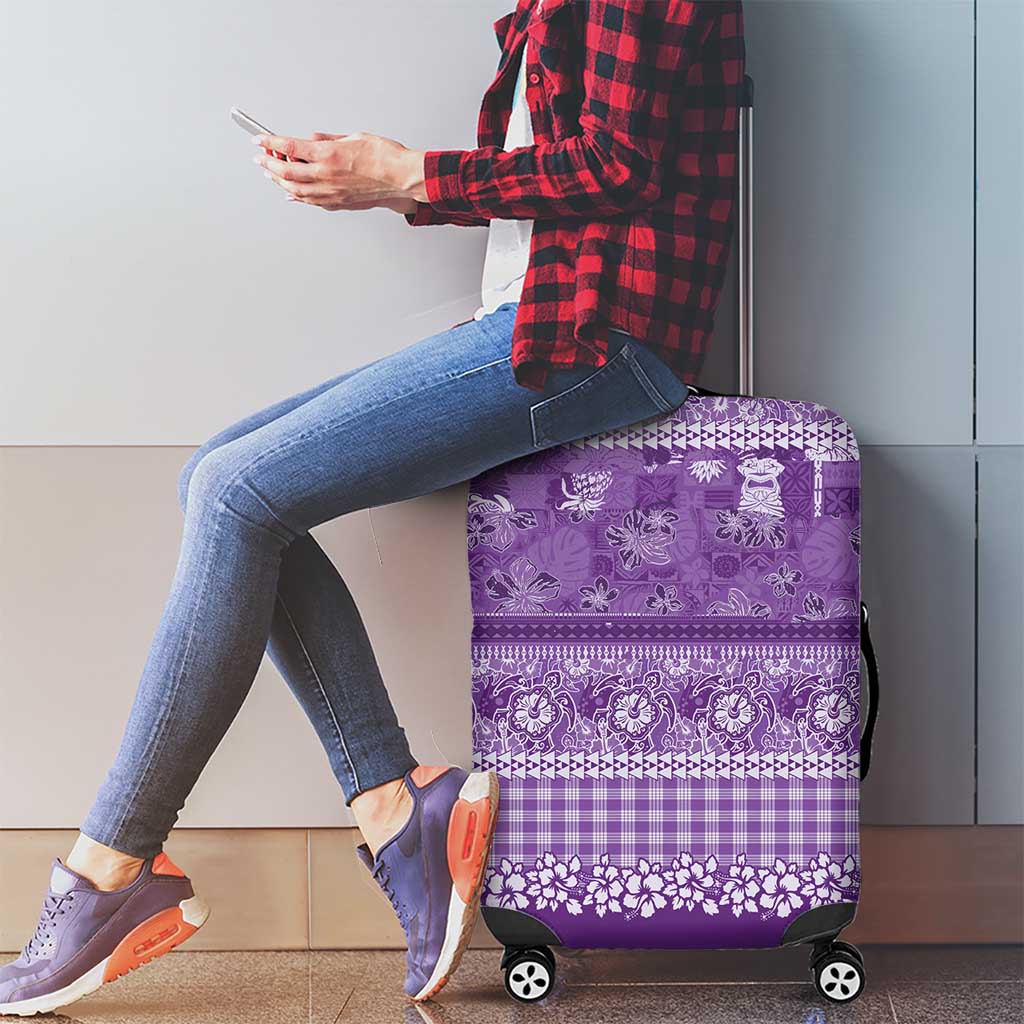 Hawaiian Hibiscus Honu Luggage Cover Purple Mele Kalikimaka Palaka Spirit - Polynesian Pride