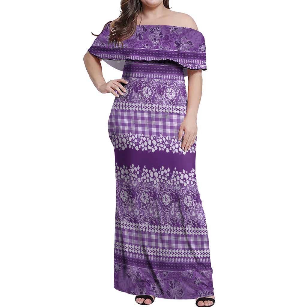 Hawaiian Hibiscus Honu Off Shoulder Maxi Dress Purple Mele Kalikimaka Palaka Spirit - Polynesian Pride