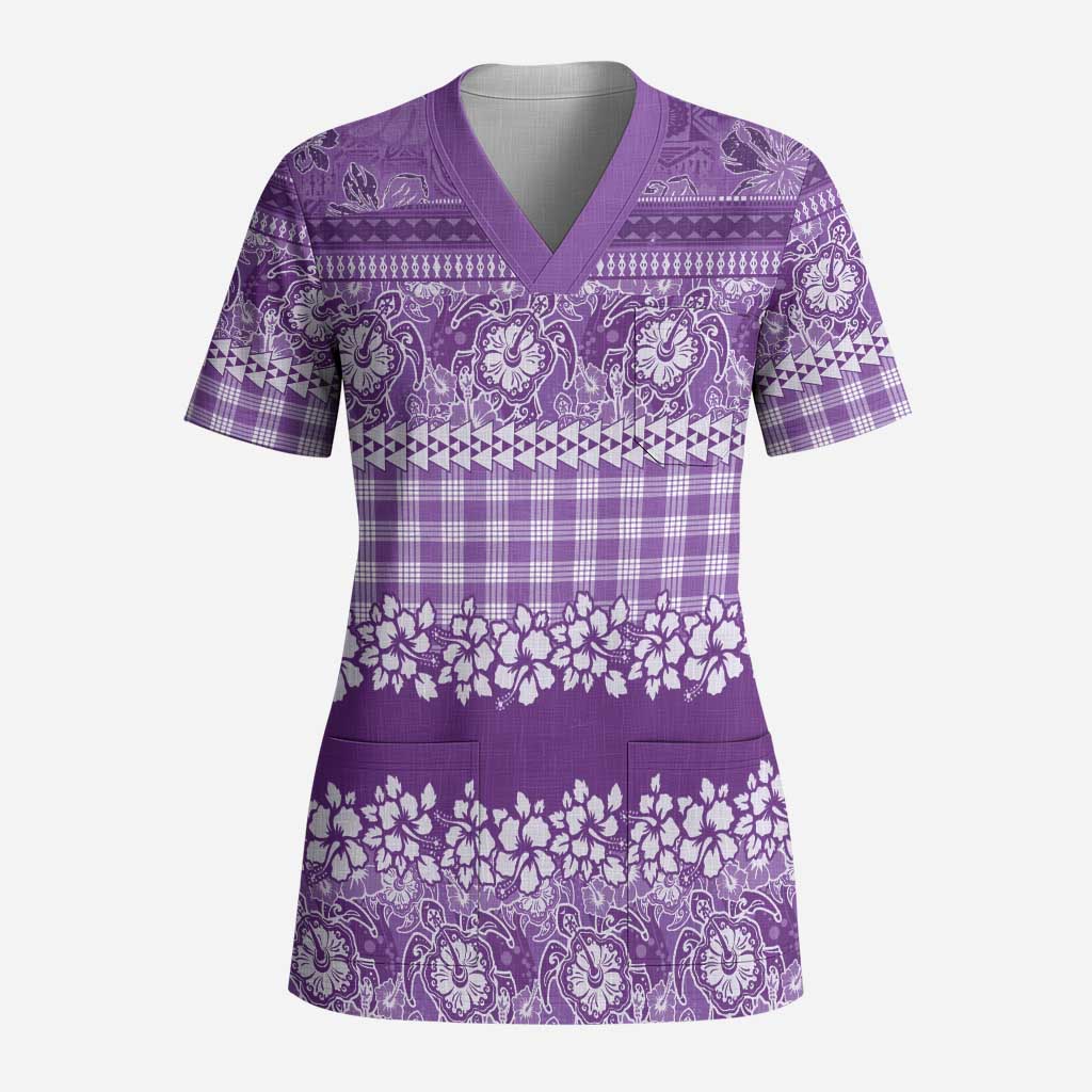 Hawaiian Hibiscus Honu Scrub Top Purple Mele Kalikimaka Palaka Spirit - Polynesian Pride