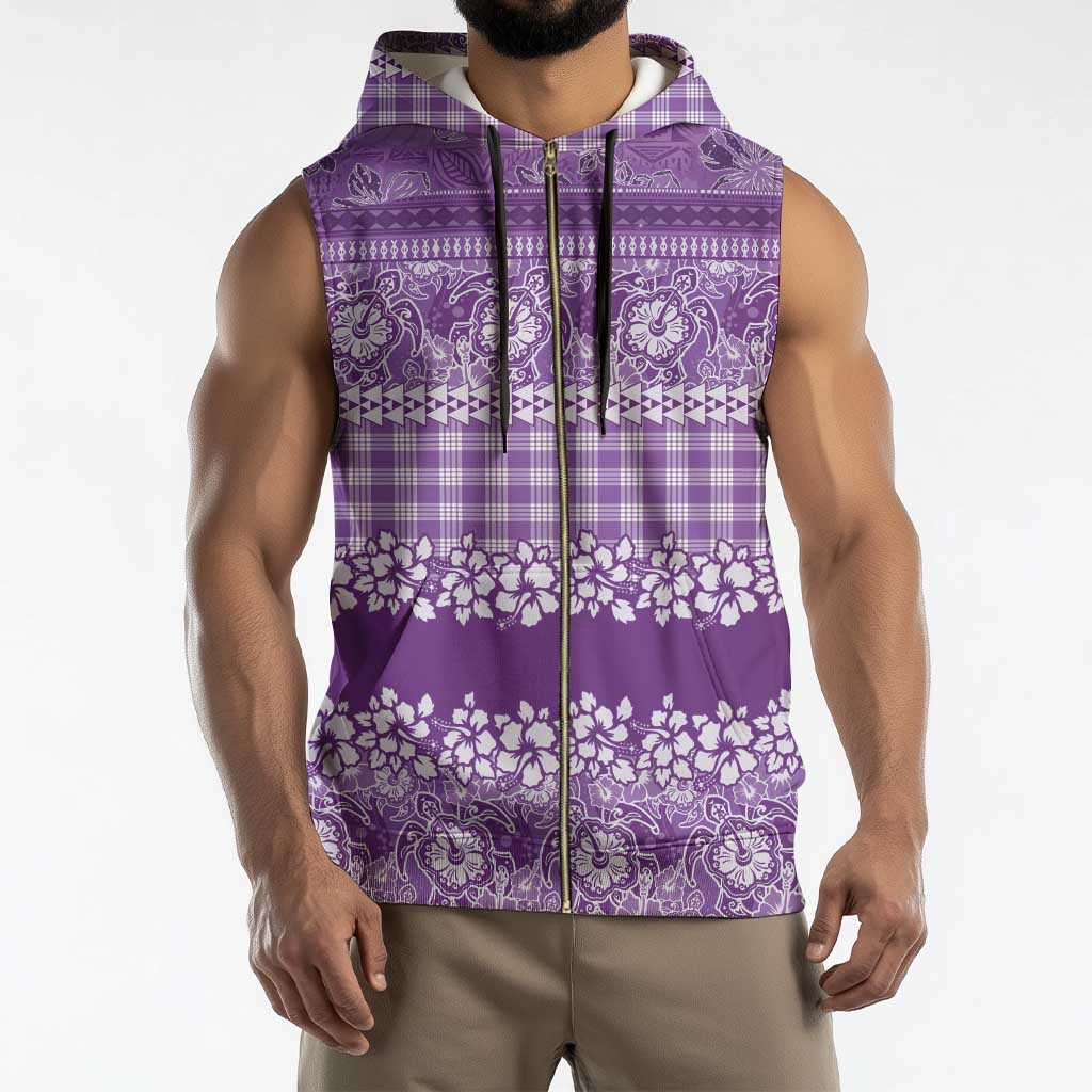 Hawaiian Hibiscus Honu Sleeveless Zip Hoodie Purple Mele Kalikimaka Palaka Spirit - Polynesian Pride