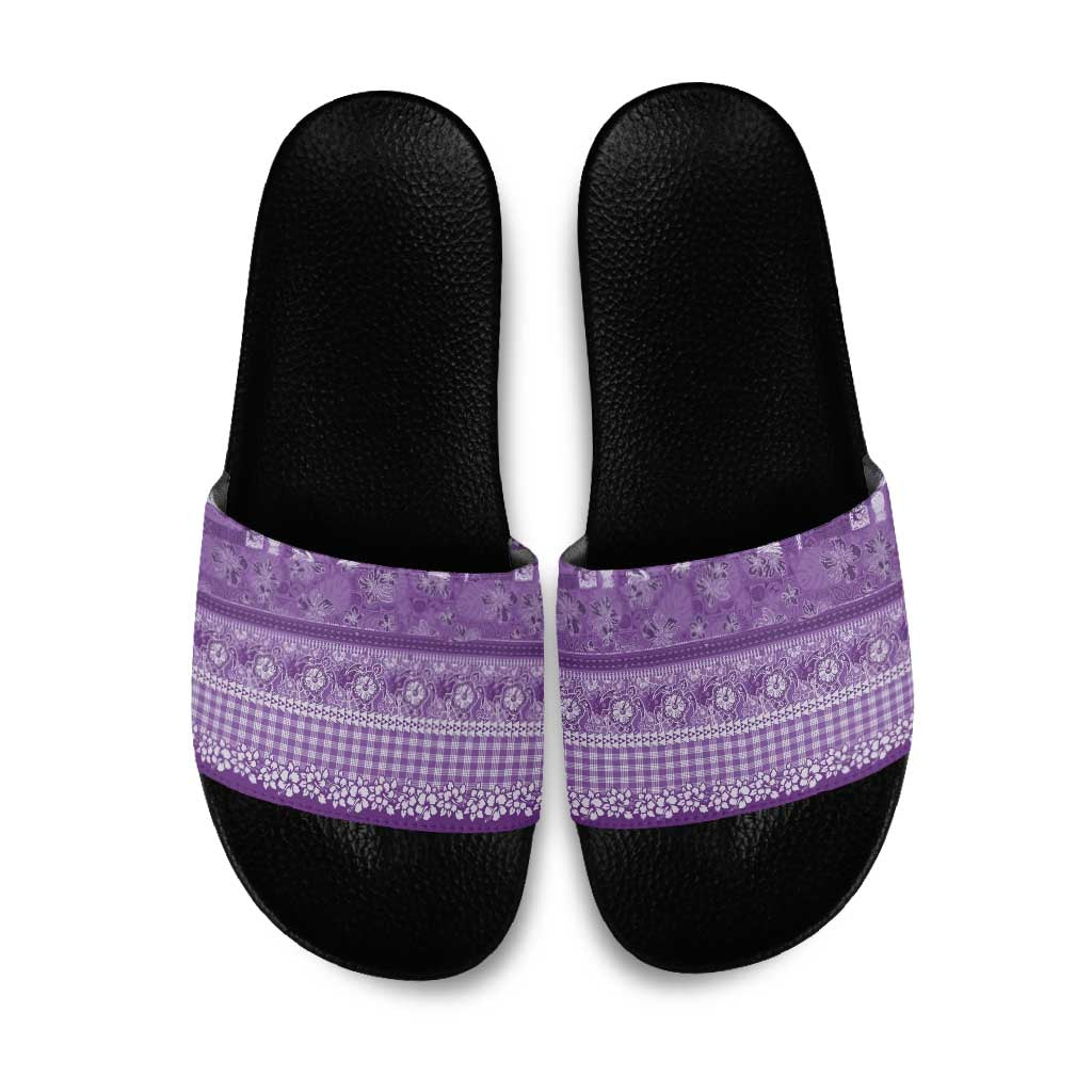 Hawaiian Hibiscus Honu Slide Sandals Purple Mele Kalikimaka Palaka Spirit - Polynesian Pride