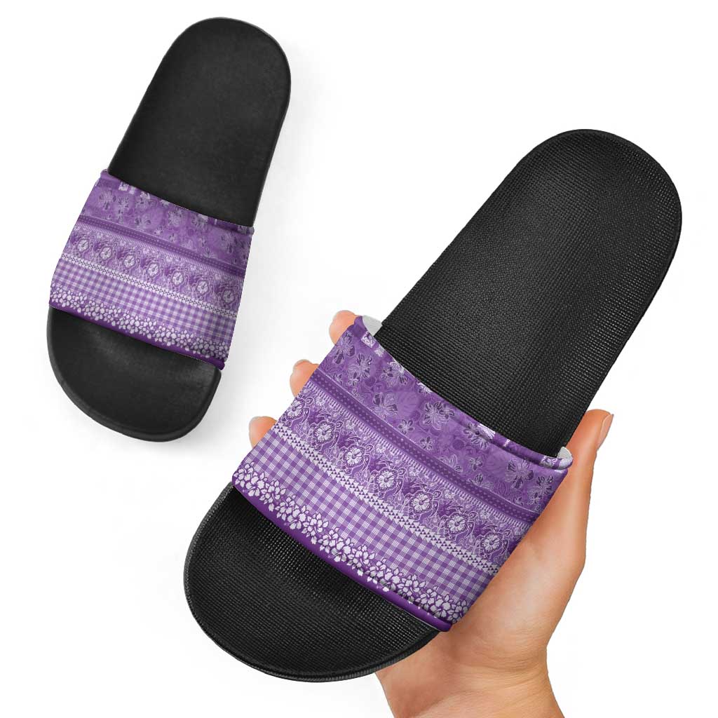 Hawaiian Hibiscus Honu Slide Sandals Purple Mele Kalikimaka Palaka Spirit - Polynesian Pride