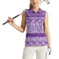 Hawaiian Hibiscus Honu Women Sleeveless Polo Shirt Purple Mele Kalikimaka Palaka Spirit - Polynesian Pride