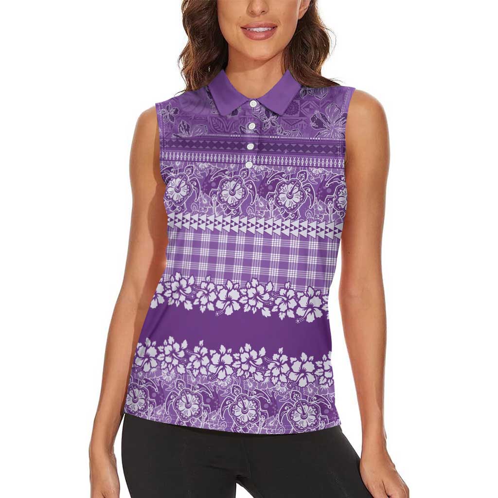 Hawaiian Hibiscus Honu Women Sleeveless Polo Shirt Purple Mele Kalikimaka Palaka Spirit - Polynesian Pride