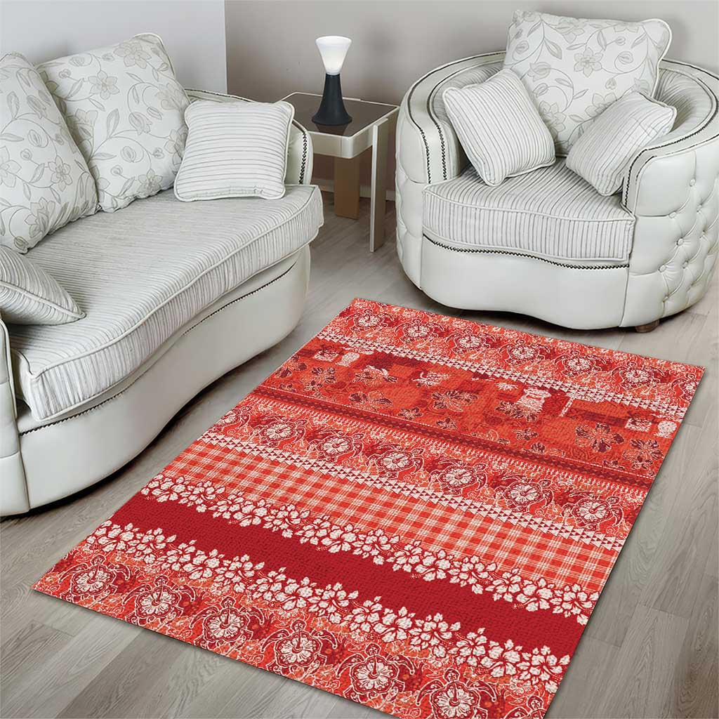 Hawaiian Hibiscus Honu Area Rug Red Mele Kalikimaka Palaka Spirit - Polynesian Pride