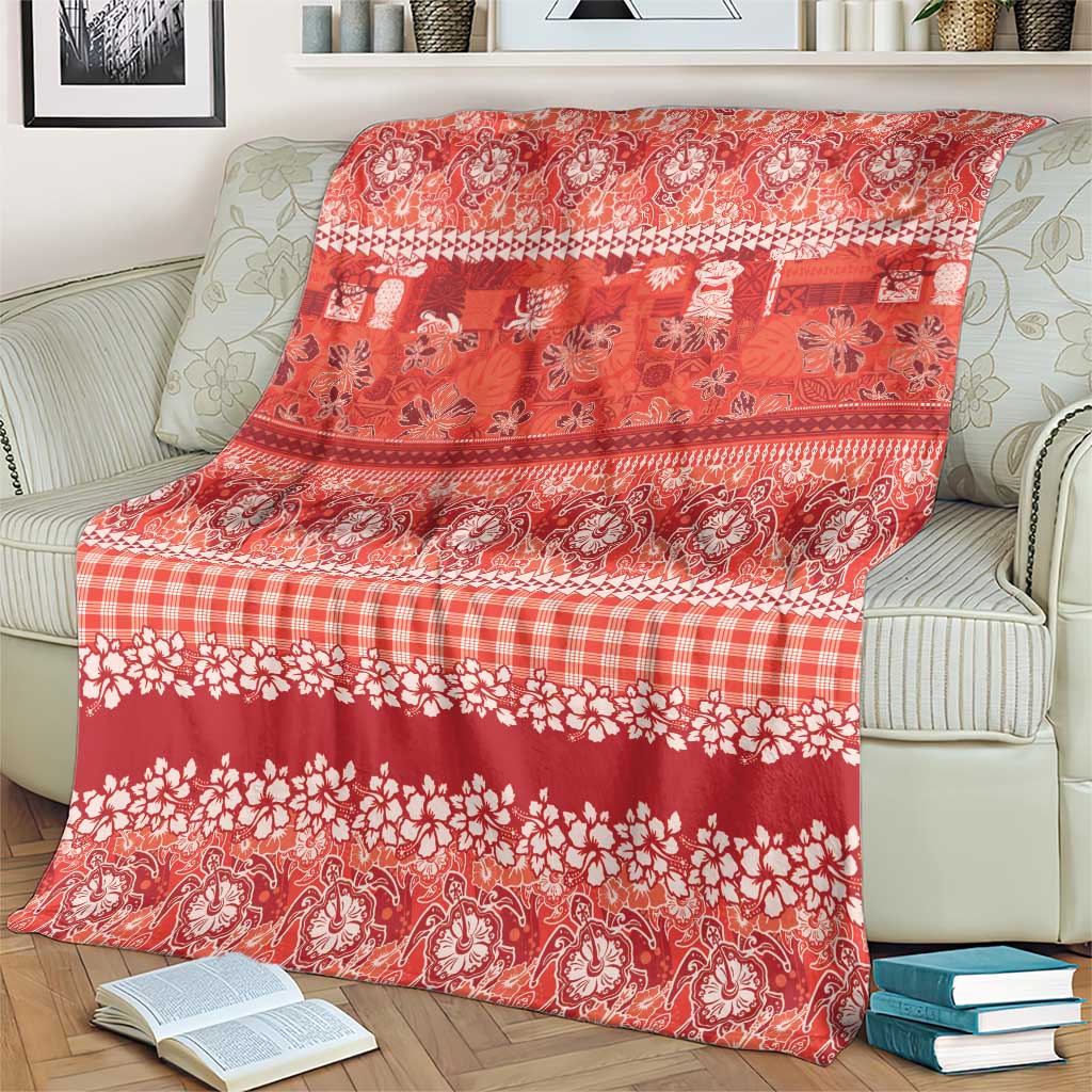 Hawaiian Hibiscus Honu Blanket Red Mele Kalikimaka Palaka Spirit - Polynesian Pride