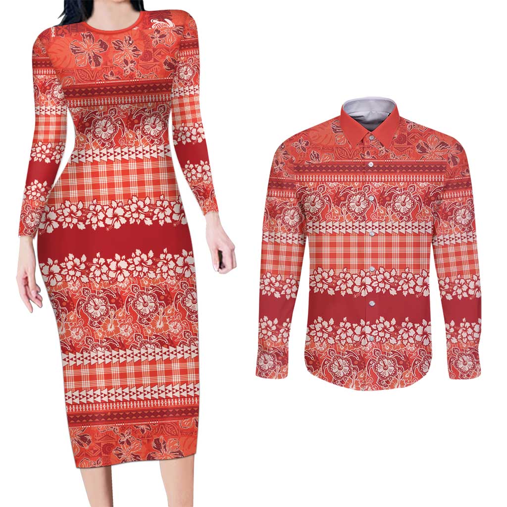 Hawaiian Hibiscus Honu Couples Matching Long Sleeve Bodycon Dress and Long Sleeve Button Shirt Red Mele Kalikimaka Palaka Spirit - Polynesian Pride