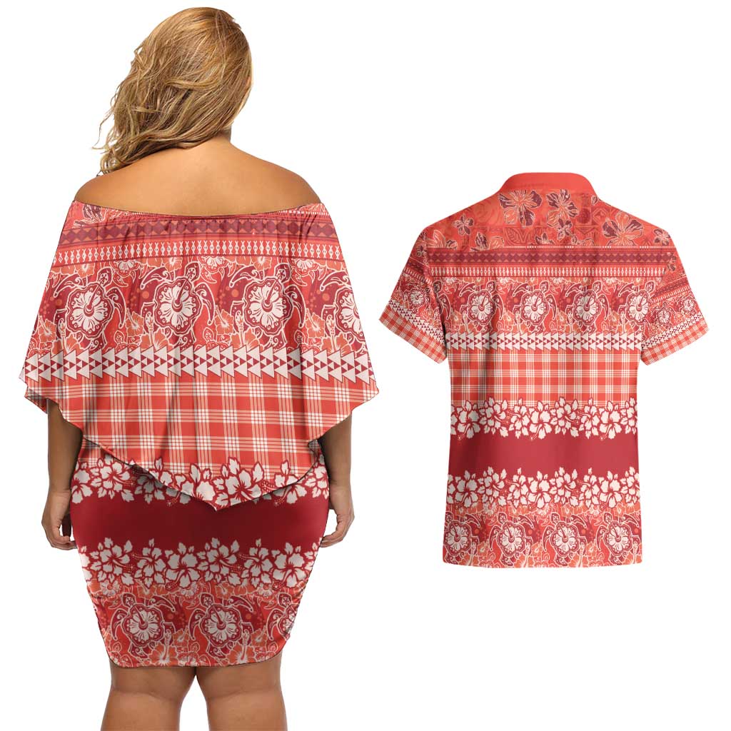 Hawaiian Hibiscus Honu Couples Matching Off Shoulder Short Dress and Hawaiian Shirt Red Mele Kalikimaka Palaka Spirit - Polynesian Pride