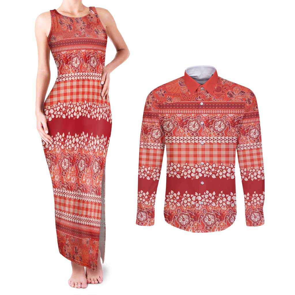 Hawaiian Hibiscus Honu Couples Matching Tank Maxi Dress and Long Sleeve Button Shirt Red Mele Kalikimaka Palaka Spirit - Polynesian Pride