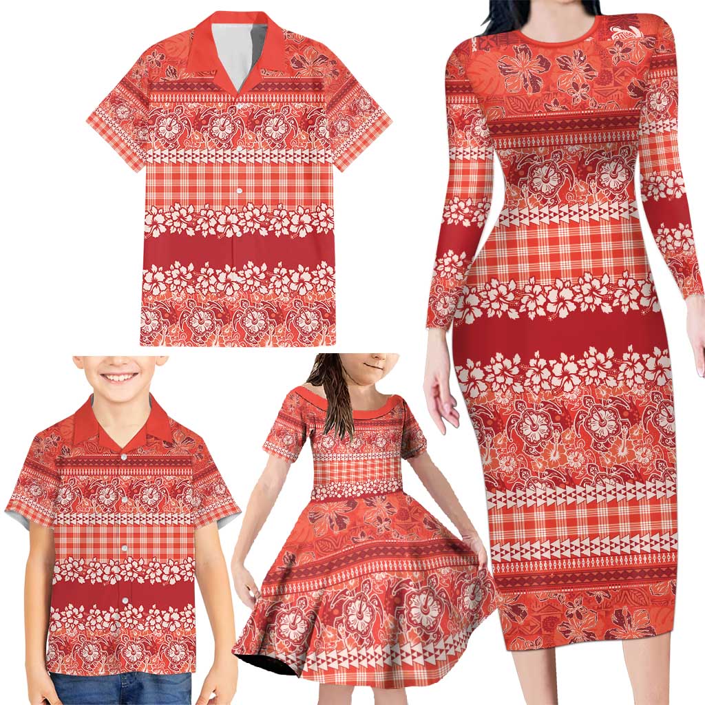 Hawaiian Hibiscus Honu Family Matching Long Sleeve Bodycon Dress and Hawaiian Shirt Red Mele Kalikimaka Palaka Spirit - Polynesian Pride