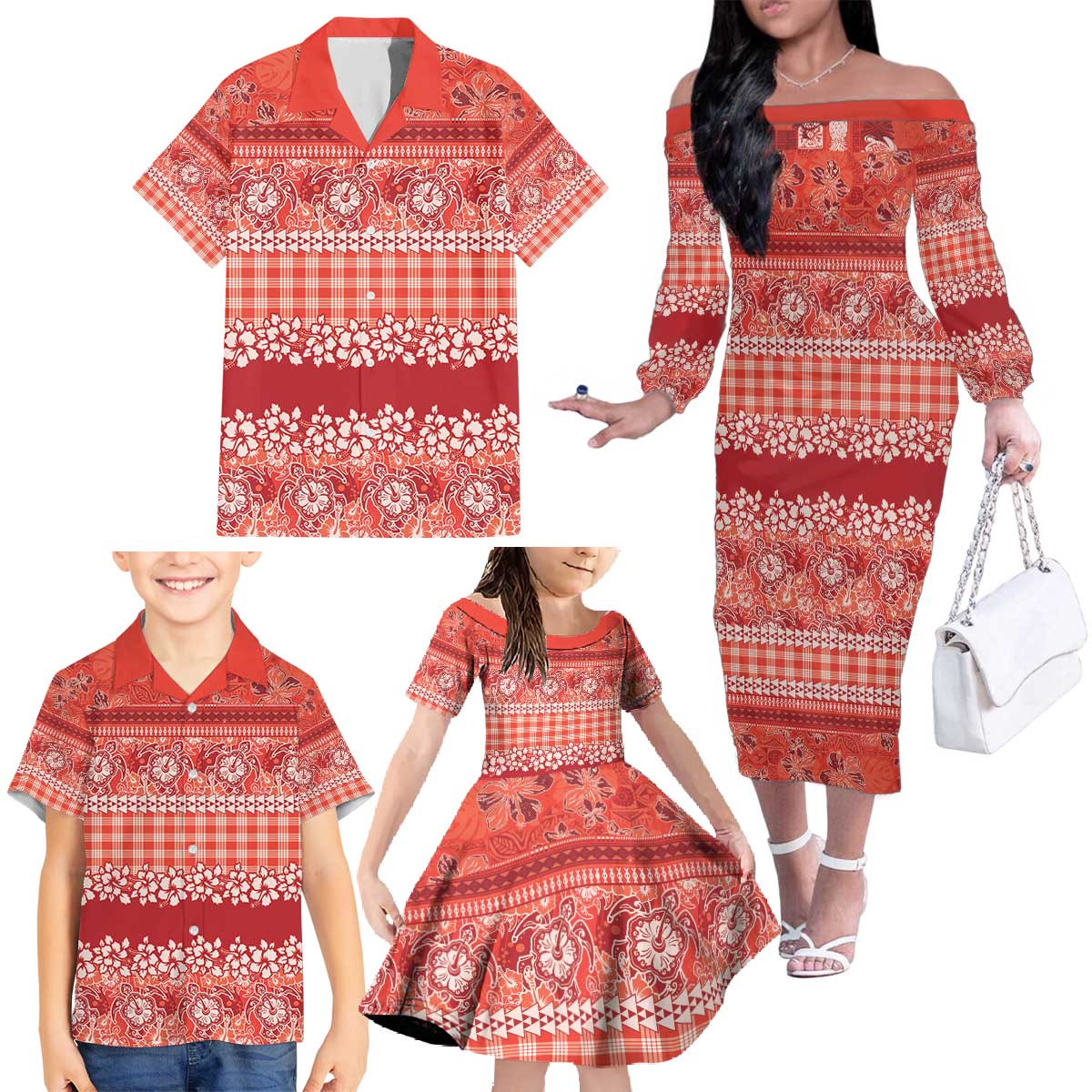 Hawaiian Hibiscus Honu Family Matching Off The Shoulder Long Sleeve Dress and Hawaiian Shirt Red Mele Kalikimaka Palaka Spirit - Polynesian Pride