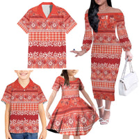 Hawaiian Hibiscus Honu Family Matching Off The Shoulder Long Sleeve Dress and Hawaiian Shirt Red Mele Kalikimaka Palaka Spirit - Polynesian Pride