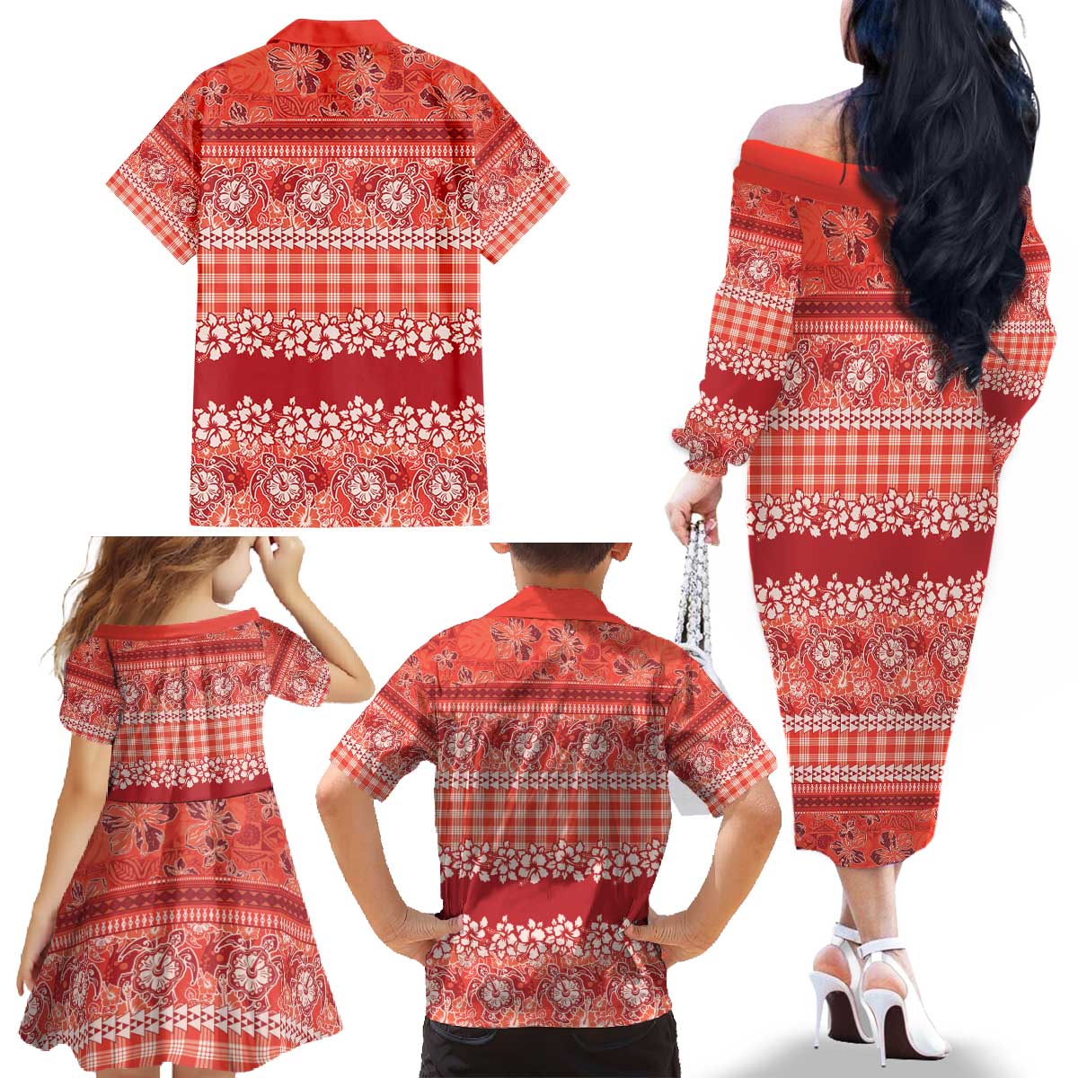 Hawaiian Hibiscus Honu Family Matching Off The Shoulder Long Sleeve Dress and Hawaiian Shirt Red Mele Kalikimaka Palaka Spirit - Polynesian Pride
