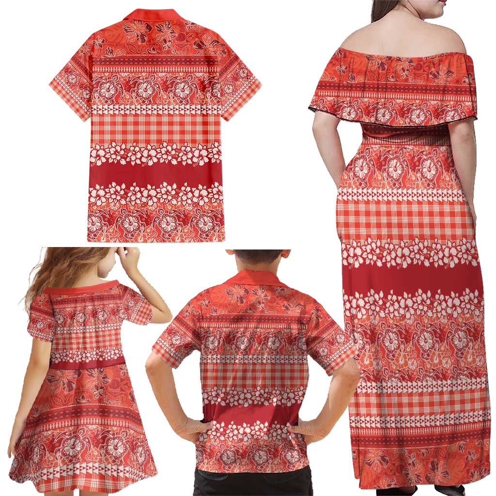 Hawaiian Hibiscus Honu Family Matching Off Shoulder Maxi Dress and Hawaiian Shirt Red Mele Kalikimaka Palaka Spirit - Polynesian Pride