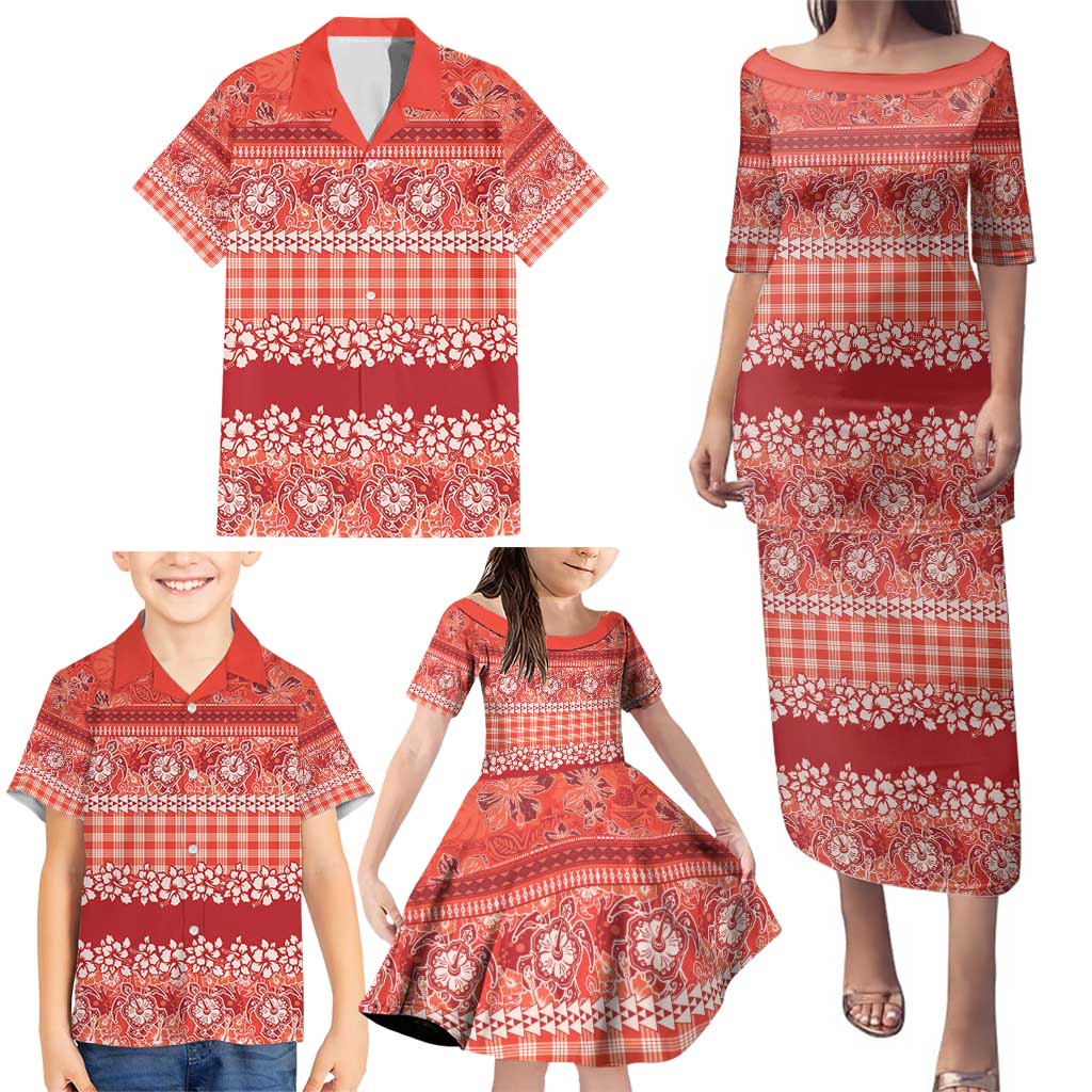 Hawaiian Hibiscus Honu Family Matching Puletasi and Hawaiian Shirt Red Mele Kalikimaka Palaka Spirit - Polynesian Pride