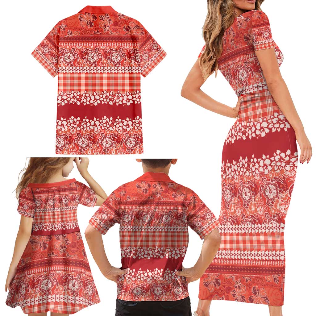 Hawaiian Hibiscus Honu Family Matching Short Sleeve Bodycon Dress and Hawaiian Shirt Red Mele Kalikimaka Palaka Spirit - Polynesian Pride