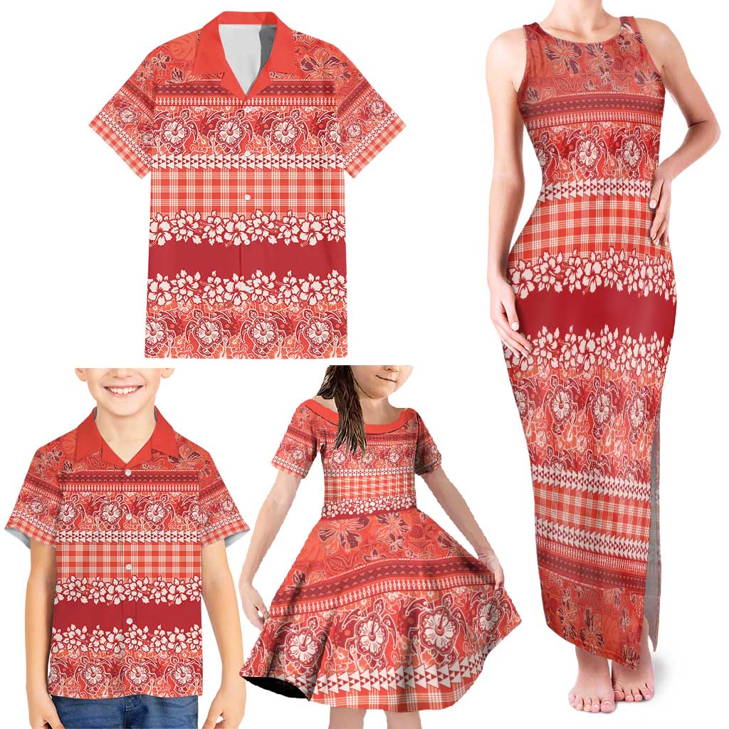 Hawaiian Hibiscus Honu Family Matching Tank Maxi Dress and Hawaiian Shirt Red Mele Kalikimaka Palaka Spirit - Polynesian Pride