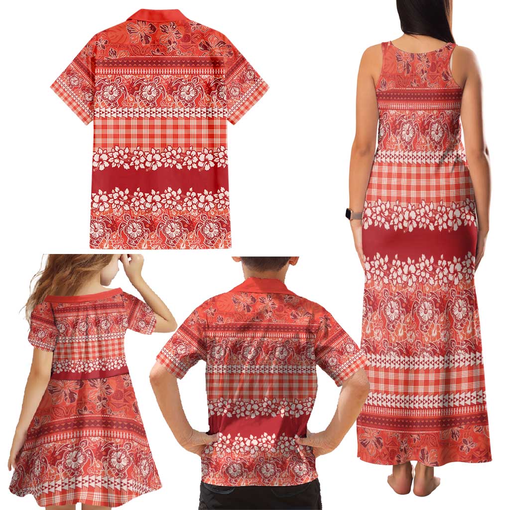 Hawaiian Hibiscus Honu Family Matching Tank Maxi Dress and Hawaiian Shirt Red Mele Kalikimaka Palaka Spirit - Polynesian Pride
