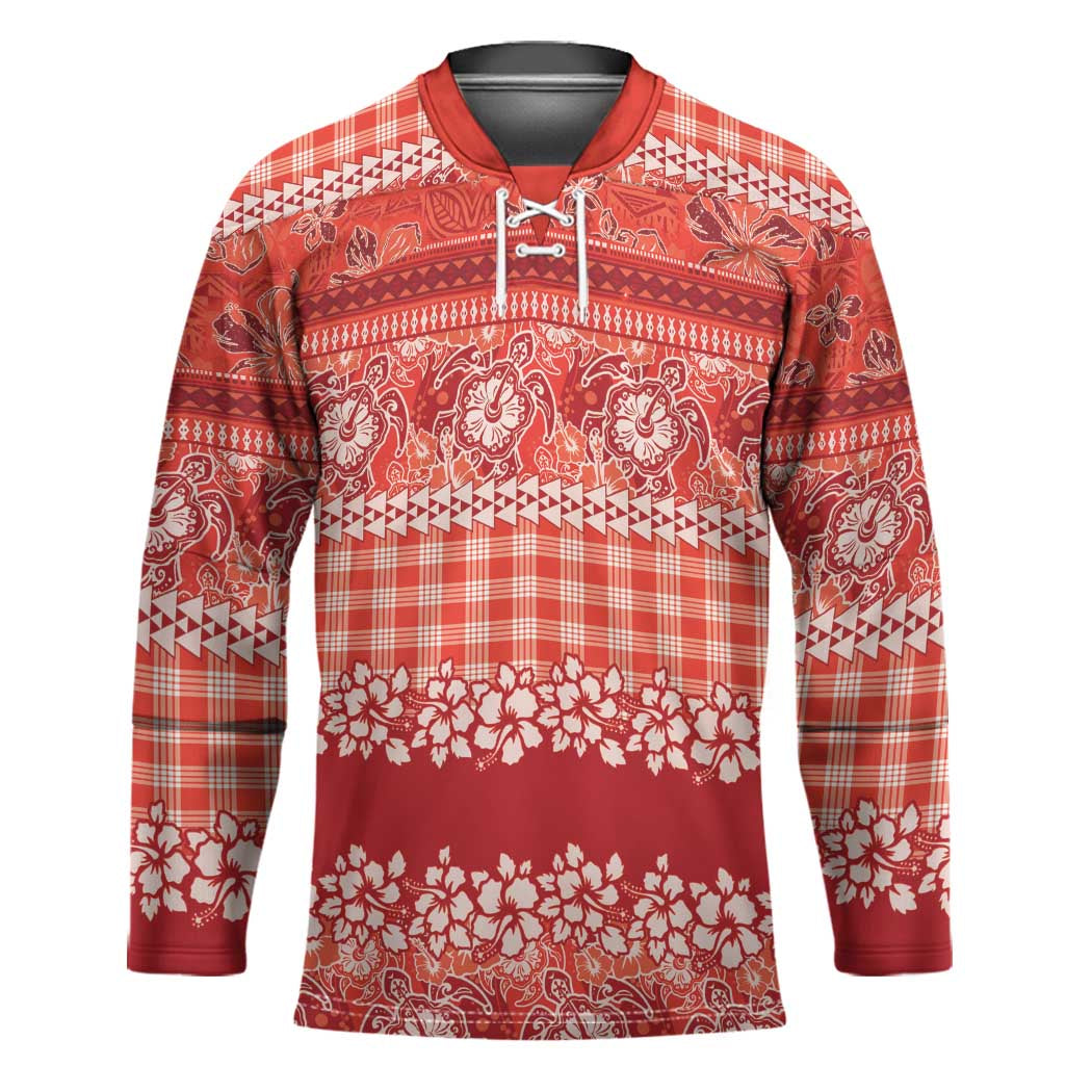 Hawaiian Hibiscus Honu Hockey Jersey Red Mele Kalikimaka Palaka Spirit - Polynesian Pride