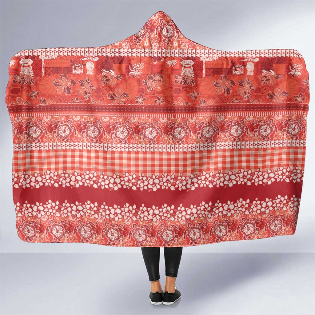 Hawaiian Hibiscus Honu Hooded Blanket Red Mele Kalikimaka Palaka Spirit - Polynesian Pride