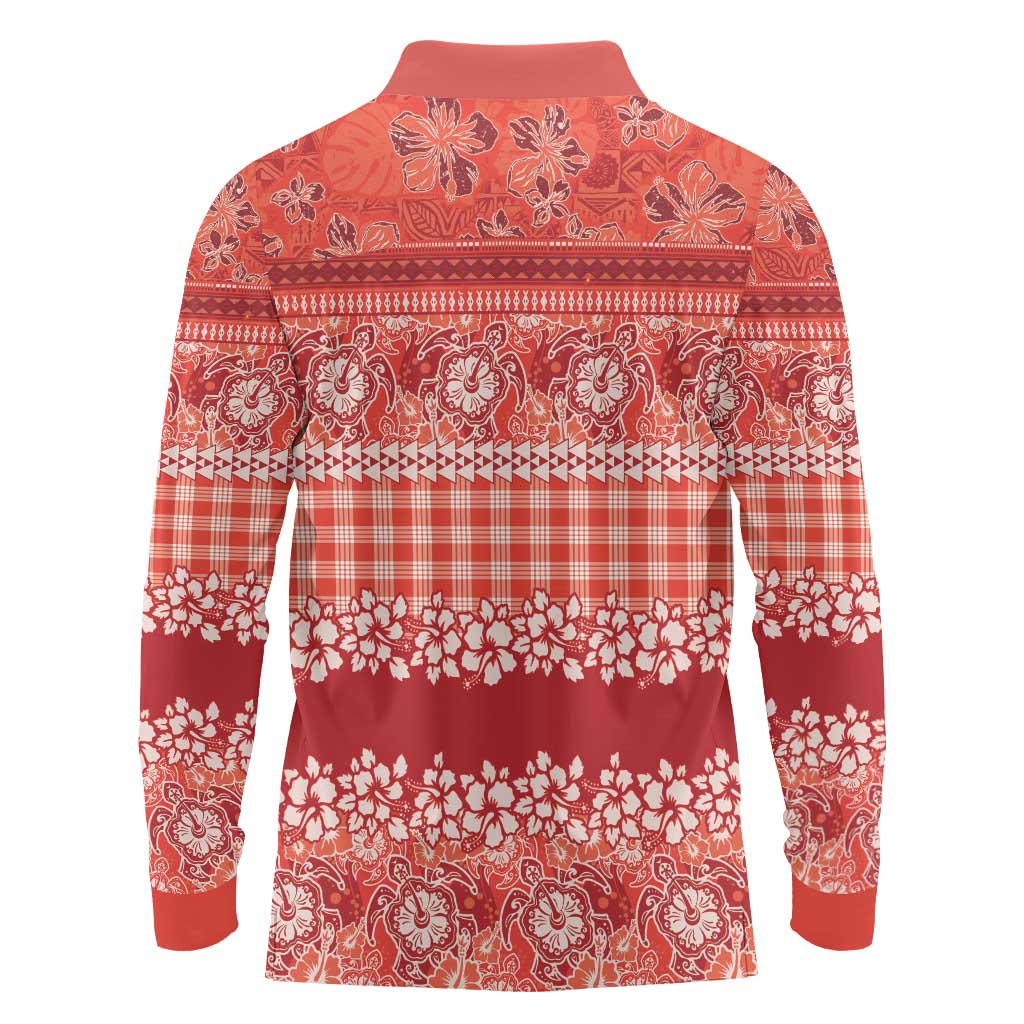Hawaiian Hibiscus Honu Long Sleeve Polo Shirt Red Mele Kalikimaka Palaka Spirit - Polynesian Pride
