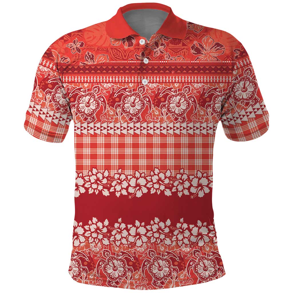 Hawaiian Hibiscus Honu Polo Shirt Red Mele Kalikimaka Palaka Spirit - Polynesian Pride