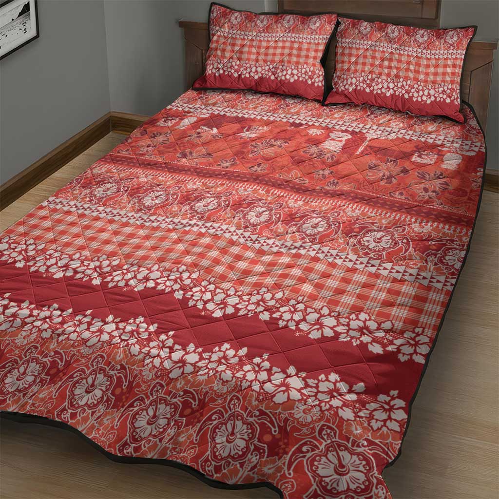 Hawaiian Hibiscus Honu Quilt Bed Set Red Mele Kalikimaka Palaka Spirit - Polynesian Pride