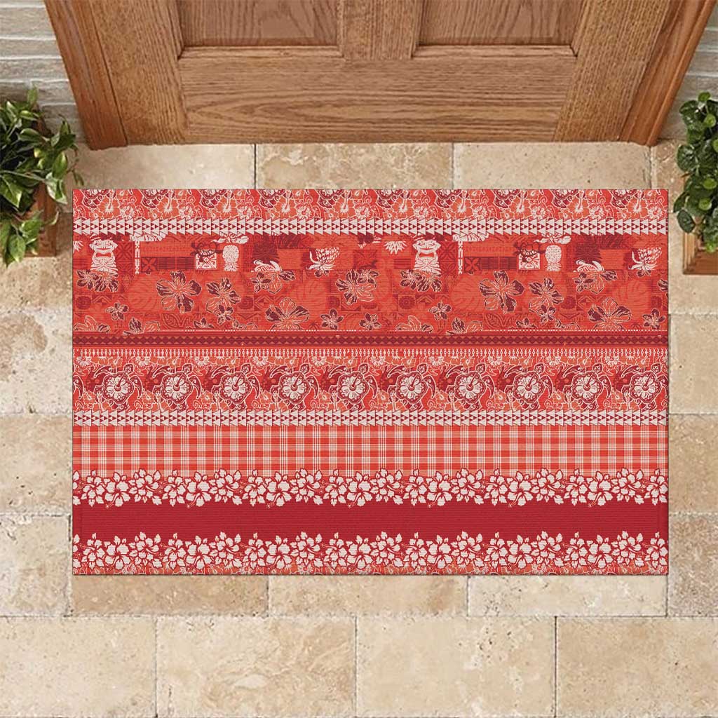 Hawaiian Hibiscus Honu Rubber Doormat Red Mele Kalikimaka Palaka Spirit - Polynesian Pride