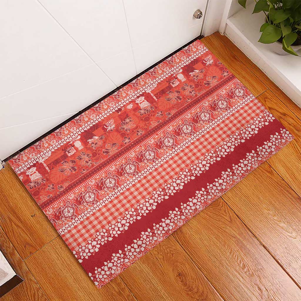 Hawaiian Hibiscus Honu Rubber Doormat Red Mele Kalikimaka Palaka Spirit - Polynesian Pride