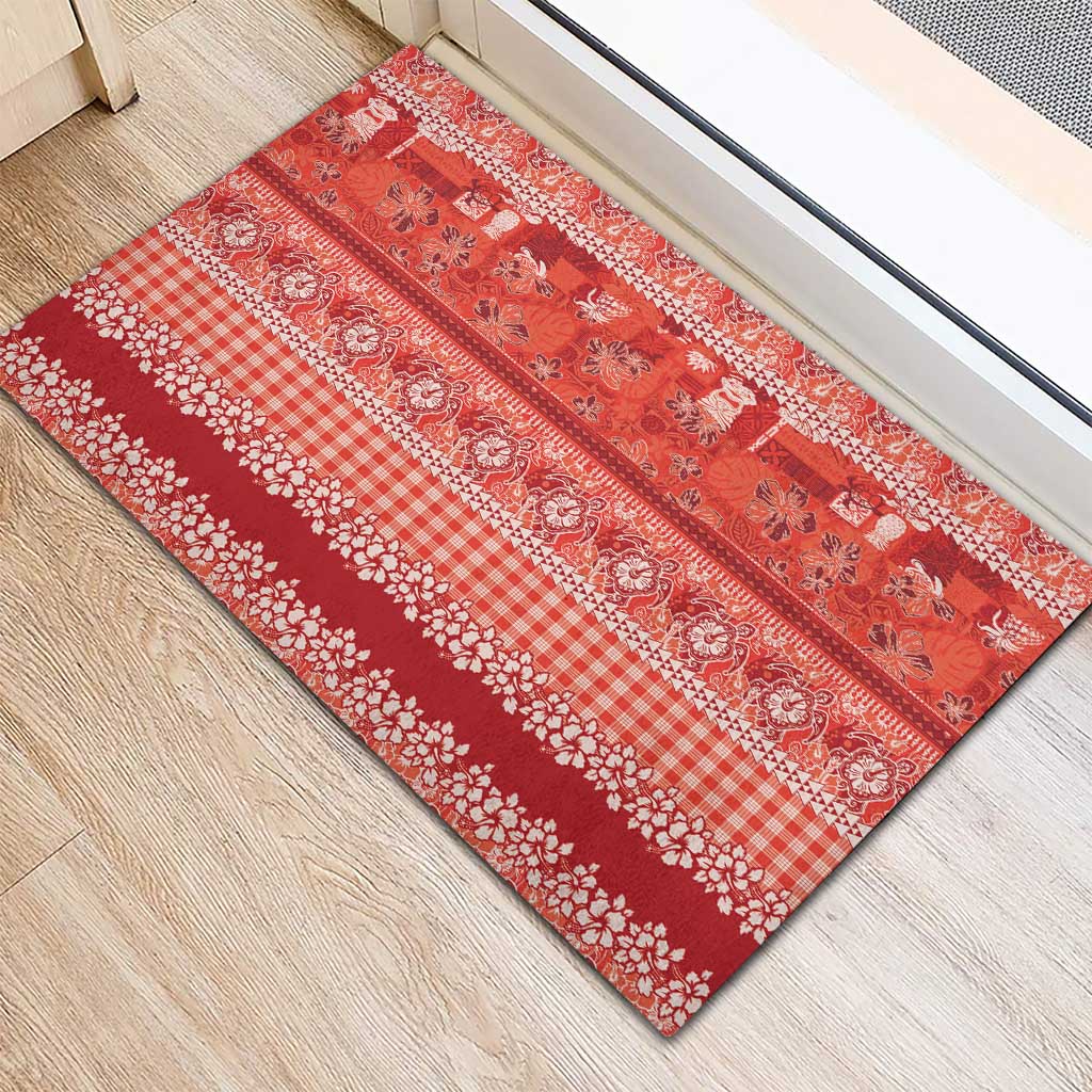 Hawaiian Hibiscus Honu Rubber Doormat Red Mele Kalikimaka Palaka Spirit - Polynesian Pride