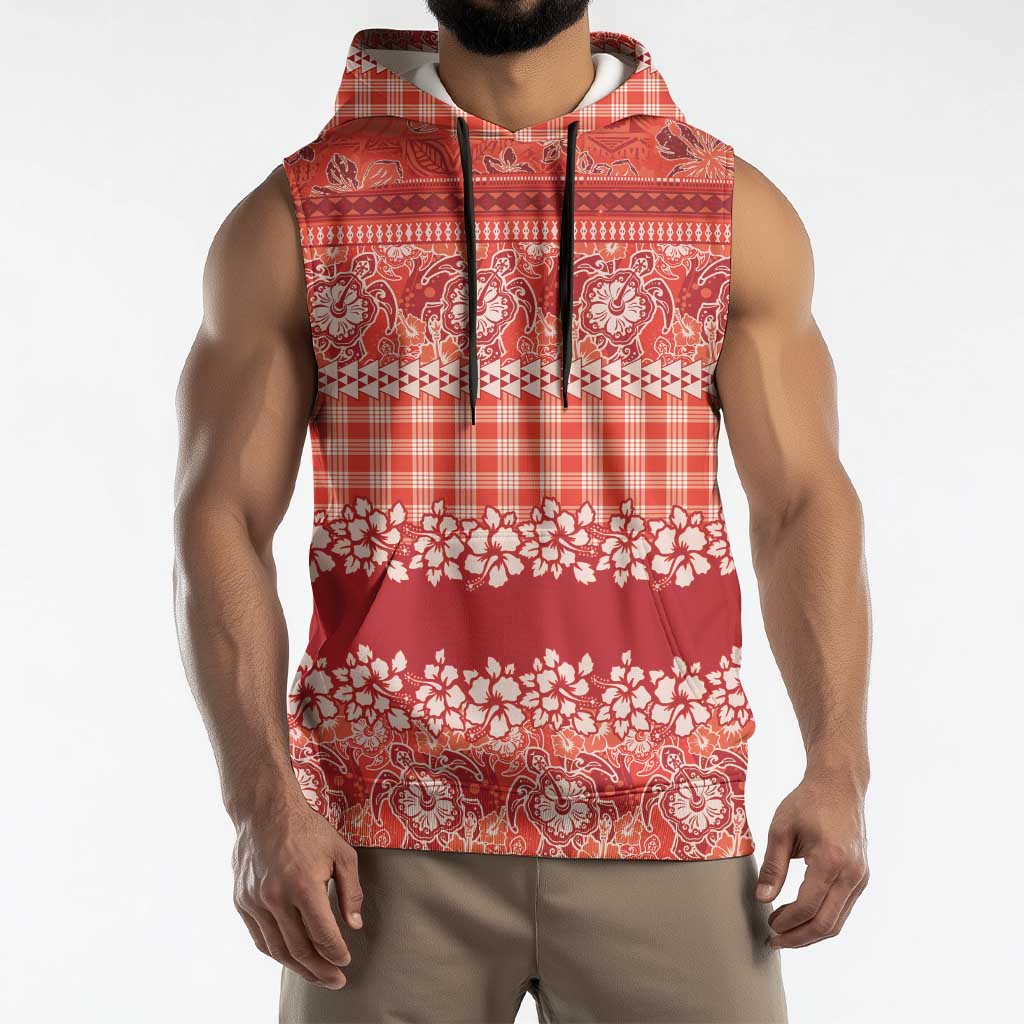 Hawaiian Hibiscus Honu Sleeveless Hoodie Red Mele Kalikimaka Palaka Spirit - Polynesian Pride