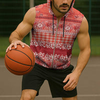 Hawaiian Hibiscus Honu Sleeveless Zip Hoodie Red Mele Kalikimaka Palaka Spirit - Polynesian Pride