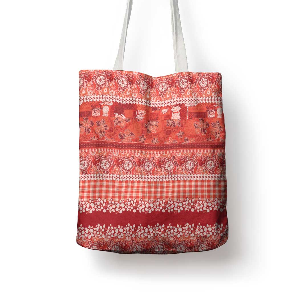 Hawaiian Hibiscus Honu Tote Bag Red Mele Kalikimaka Palaka Spirit - Polynesian Pride
