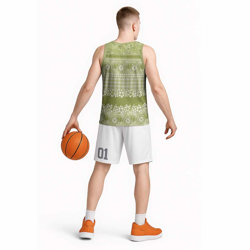 Hawaiian Hibiscus Honu Basketball Jersey Sage Green Mele Kalikimaka Palaka Spirit - Polynesian Pride