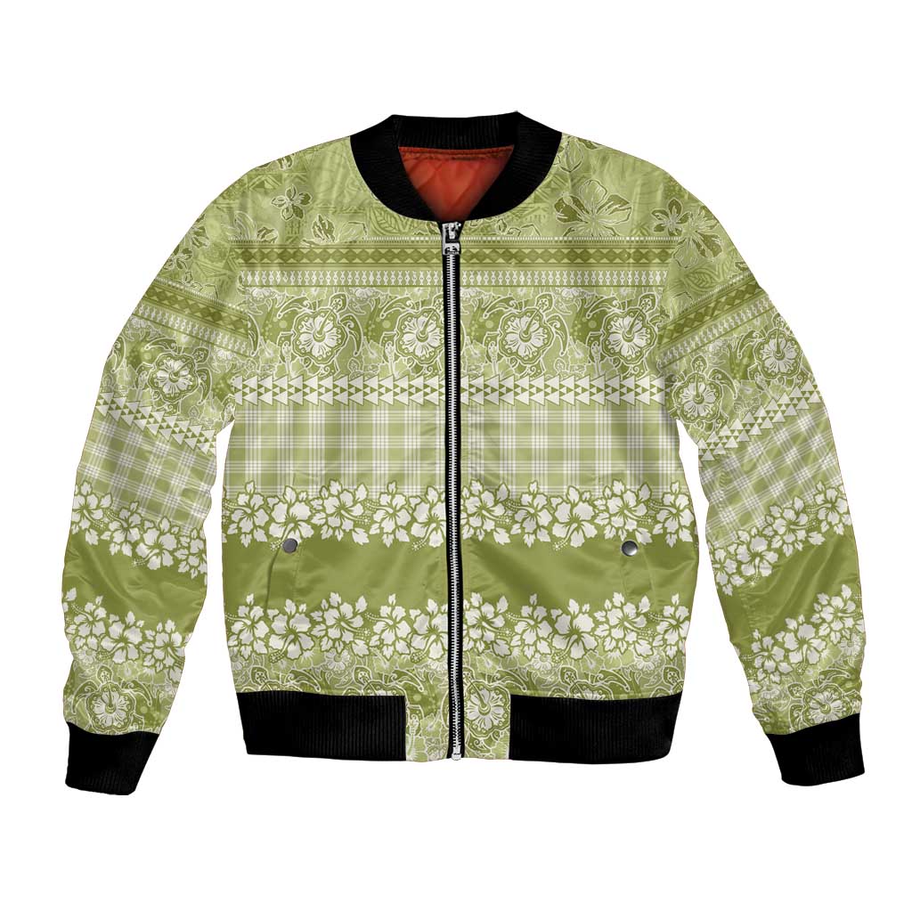 Hawaiian Hibiscus Honu Bomber Jacket Sage Green Mele Kalikimaka Palaka Spirit - Polynesian Pride