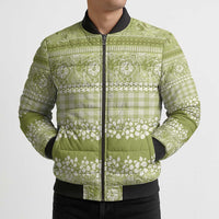Hawaiian Hibiscus Honu Bomber Puffer Jacket Sage Green Mele Kalikimaka Palaka Spirit - Polynesian Pride