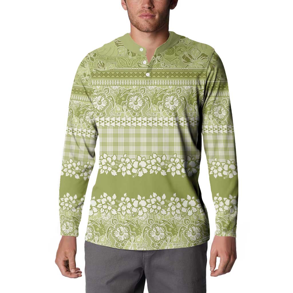 Hawaiian Hibiscus Honu Button Sweatshirt Sage Green Mele Kalikimaka Palaka Spirit - Polynesian Pride