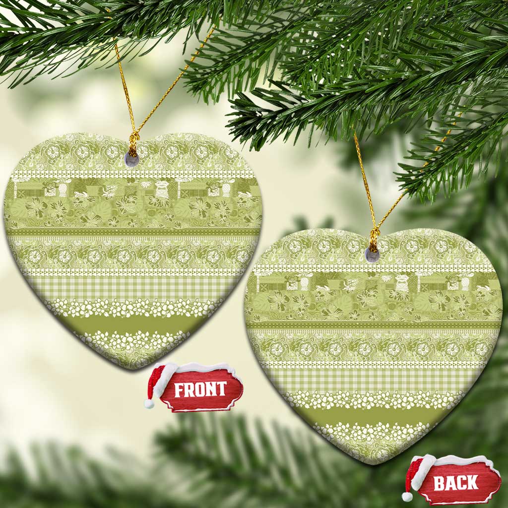 Hawaiian Hibiscus Honu Ceramic Ornament Sage Green Mele Kalikimaka Palaka Spirit - Polynesian Pride