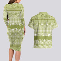 Hawaiian Hibiscus Honu Couples Matching Long Sleeve Bodycon Dress and Hawaiian Shirt Sage Green Mele Kalikimaka Palaka Spirit - Polynesian Pride