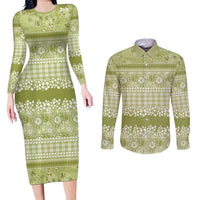 Hawaiian Hibiscus Honu Couples Matching Long Sleeve Bodycon Dress and Long Sleeve Button Shirt Sage Green Mele Kalikimaka Palaka Spirit - Polynesian Pride