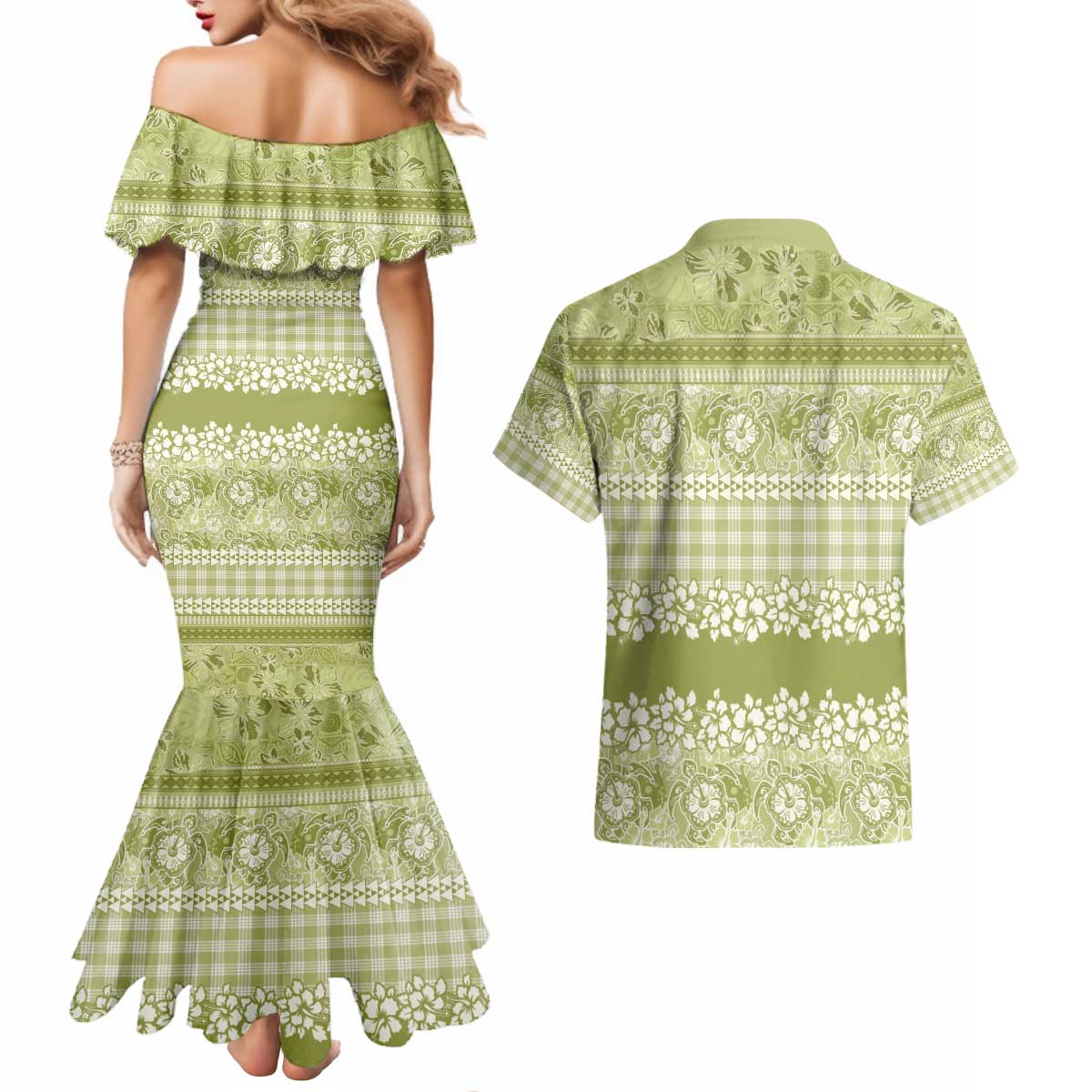 Hawaiian Hibiscus Honu Couples Matching Mermaid Dress and Hawaiian Shirt Sage Green Mele Kalikimaka Palaka Spirit - Polynesian Pride