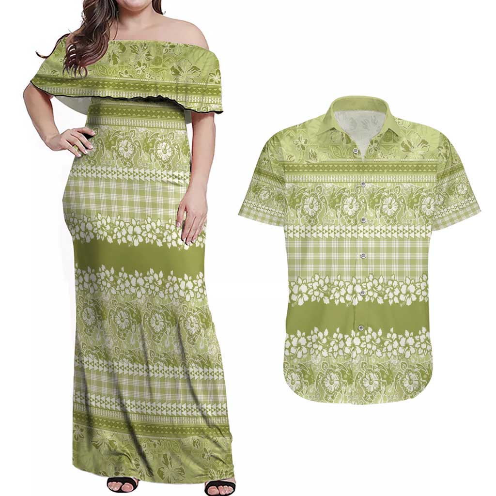 Hawaiian Hibiscus Honu Couples Matching Off Shoulder Maxi Dress and Hawaiian Shirt Sage Green Mele Kalikimaka Palaka Spirit - Polynesian Pride