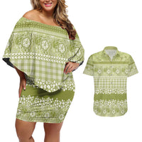 Hawaiian Hibiscus Honu Couples Matching Off Shoulder Short Dress and Hawaiian Shirt Sage Green Mele Kalikimaka Palaka Spirit - Polynesian Pride
