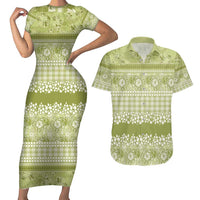 Hawaiian Hibiscus Honu Couples Matching Short Sleeve Bodycon Dress and Hawaiian Shirt Sage Green Mele Kalikimaka Palaka Spirit - Polynesian Pride