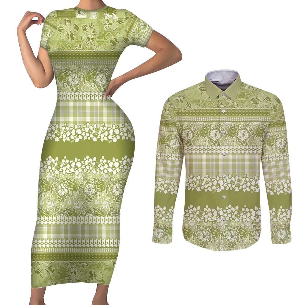 Hawaiian Hibiscus Honu Couples Matching Short Sleeve Bodycon Dress and Long Sleeve Button Shirt Sage Green Mele Kalikimaka Palaka Spirit - Polynesian Pride
